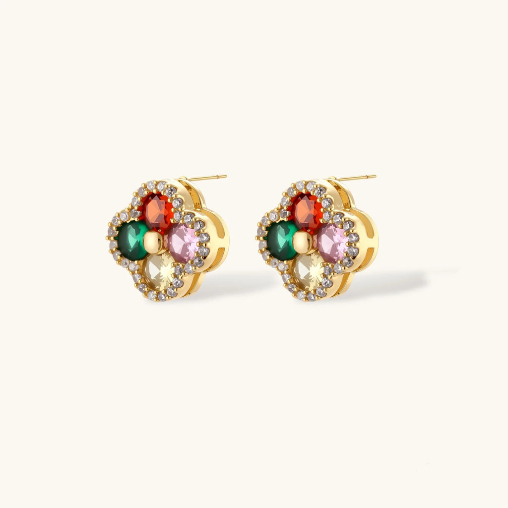 Gold-plated clover jewelry set with red, pink, green and champagne CZ stones surrounded by crystal borders