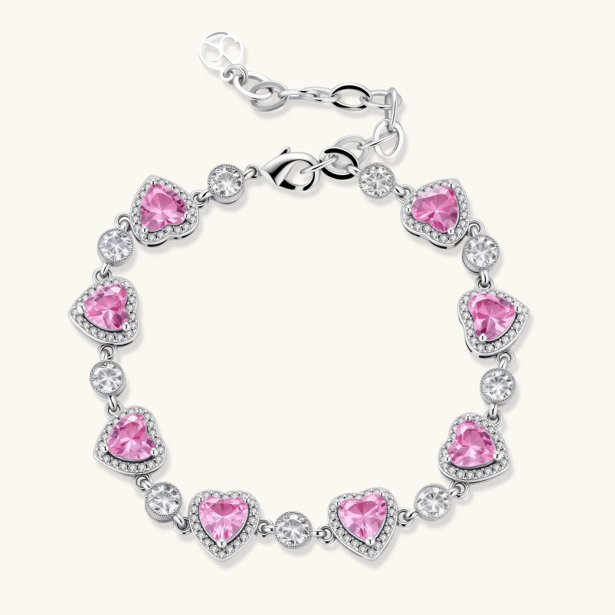 Pink heart-shaped cubic zirconia jewelry set with white gold plating featuring necklace, earrings, bracelet and ring