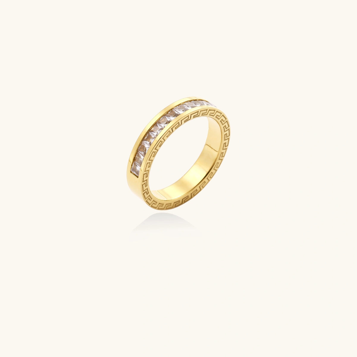 14K gold-plated band with channel-set zirconia and Greek key pattern engraving on polished finish