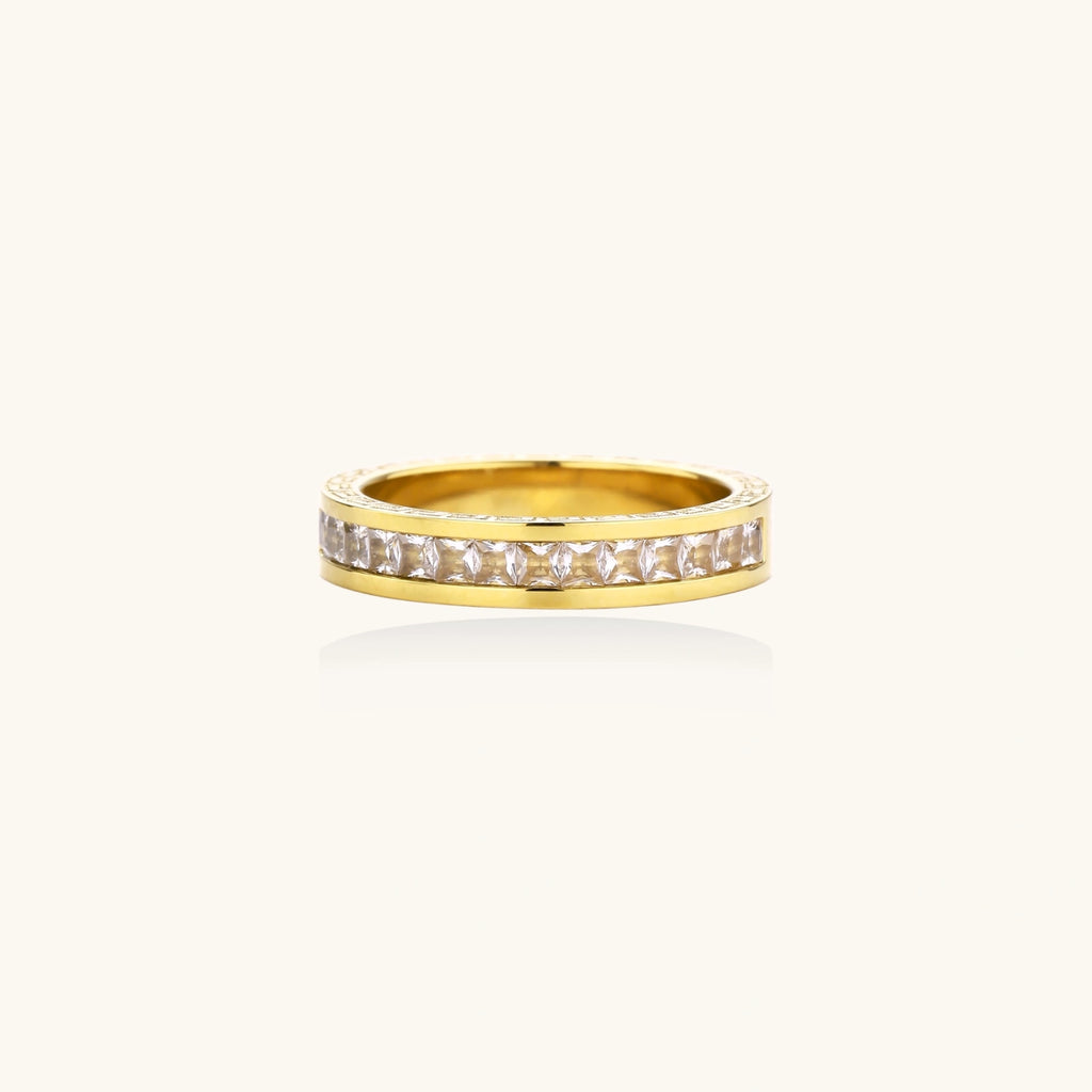 14K gold-plated band with channel-set zirconia and Greek key pattern engraving on polished finish