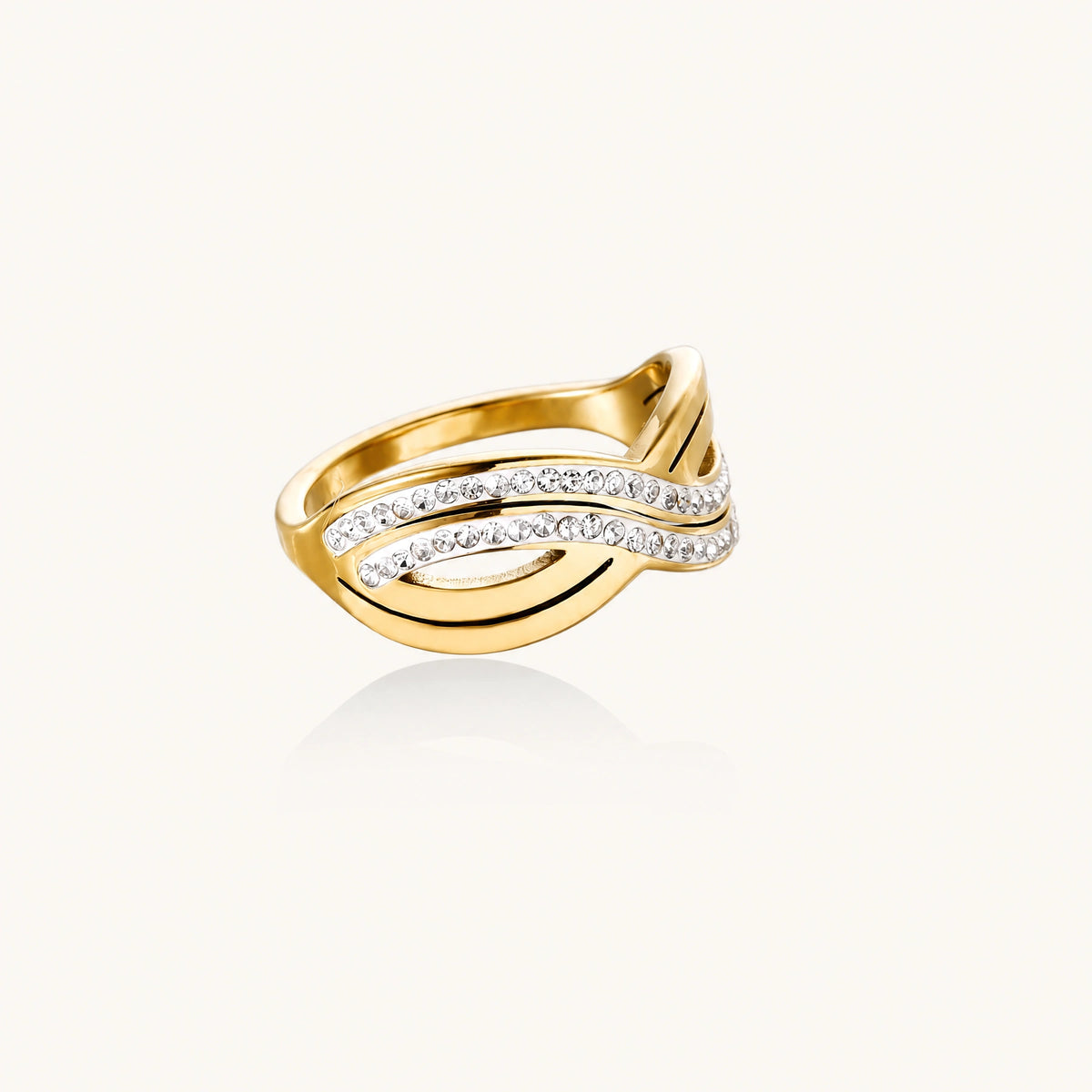 Gold-plated ring with interweaving wave bands and two rows of clear rhinestones creating an infinity pattern