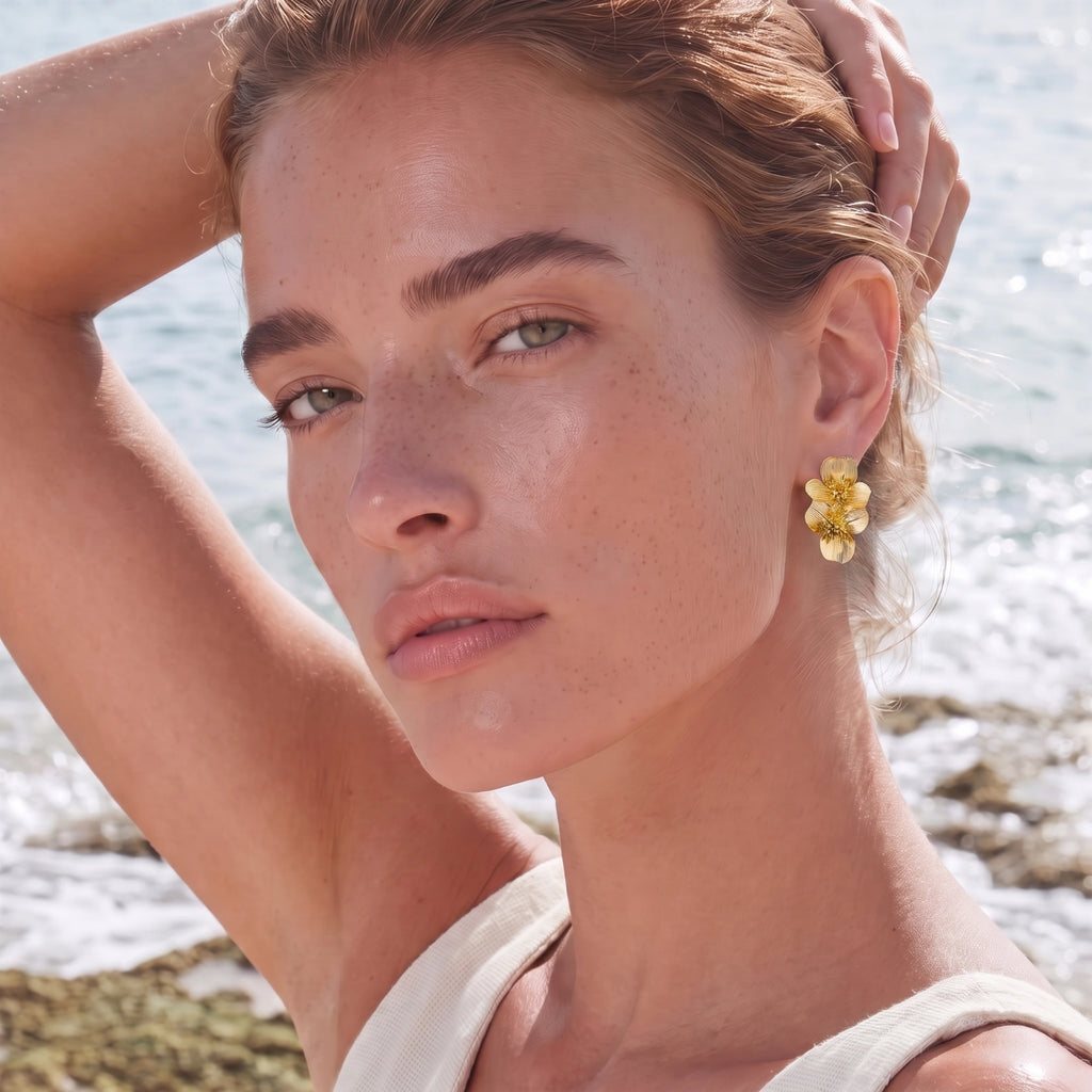 Golden Double Flower Earrings